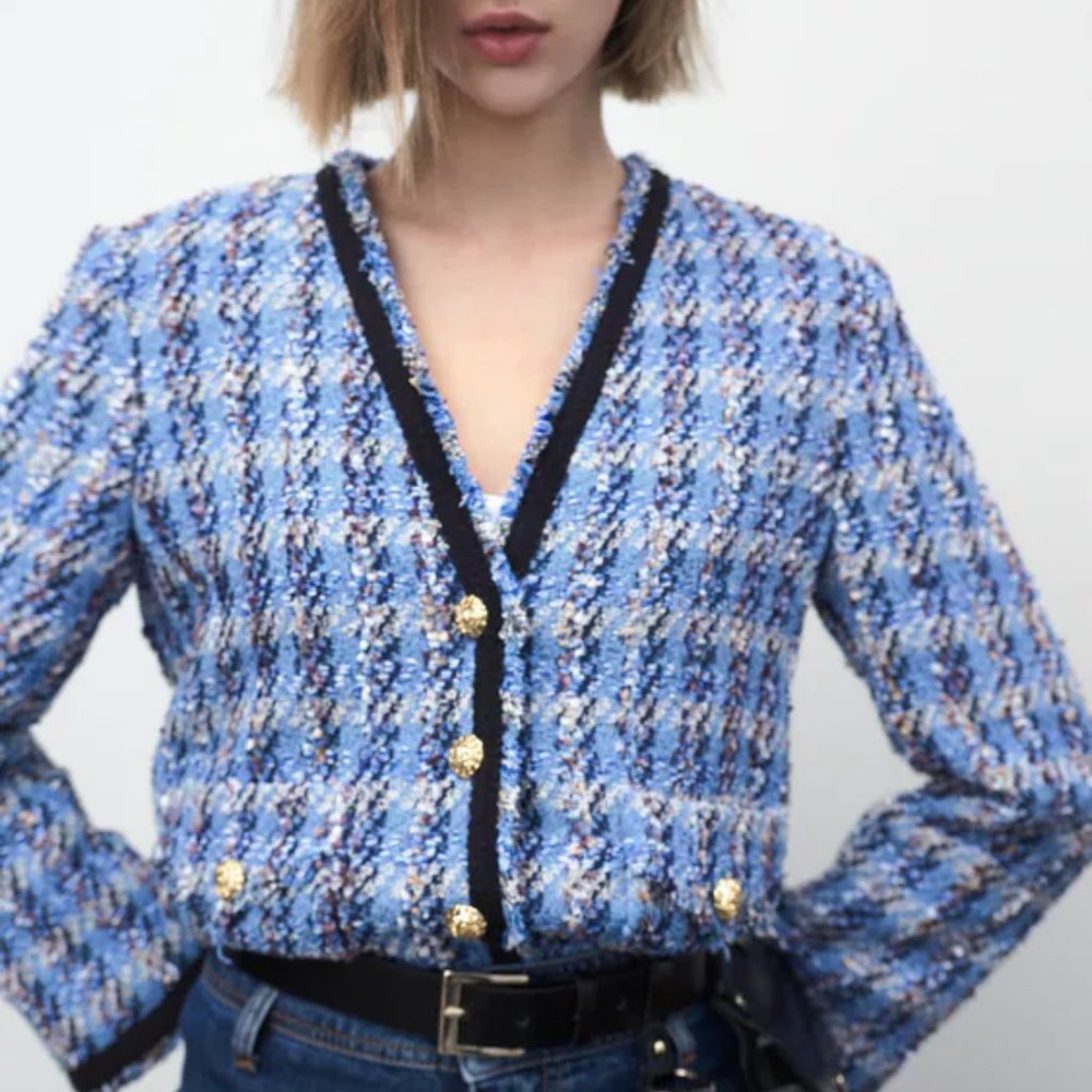 ZARA Blue Tweed Frayed Gold Buttons Blazer Jacket